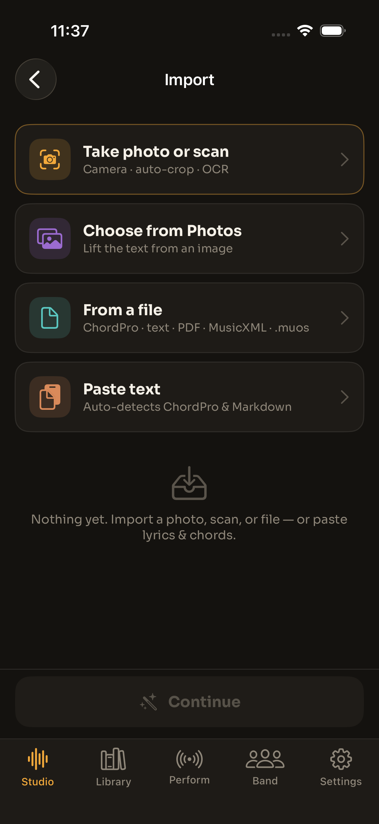 The Import screen, annotated